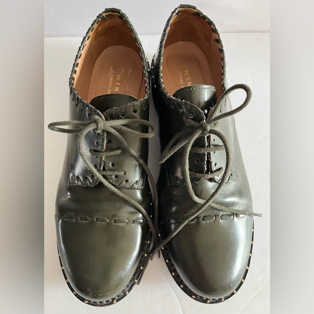 Twin-Set Simona Barbieri Green Leather Oxfords Whipstitch Detail